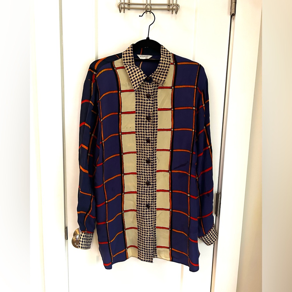 Univest Vintage Women's Navy and Orange Checkered Button Down Shirt